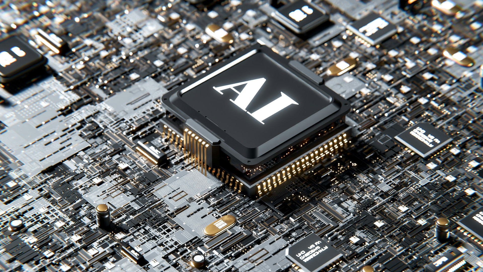Close up of computer chip with AI written on