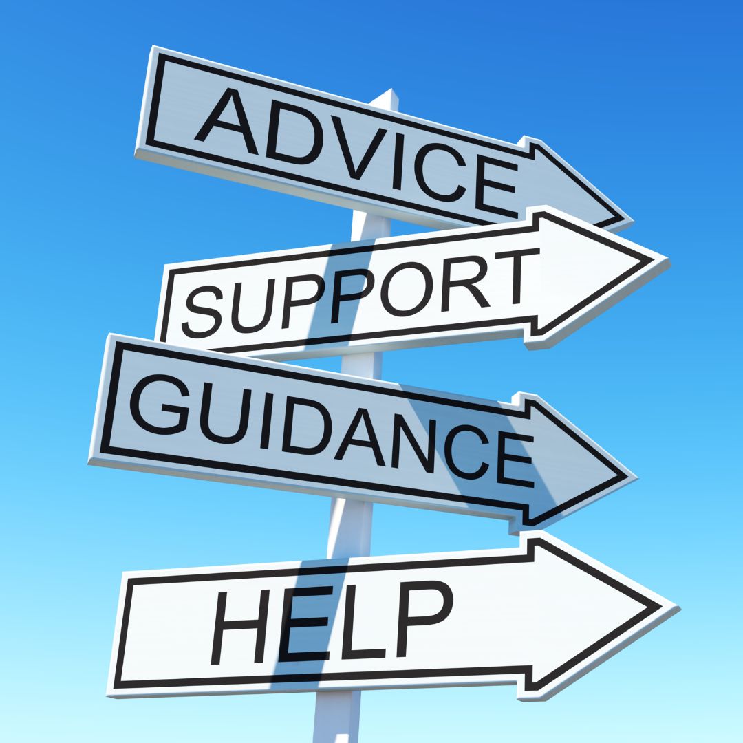 Signposts with text advice, support, guidance and help