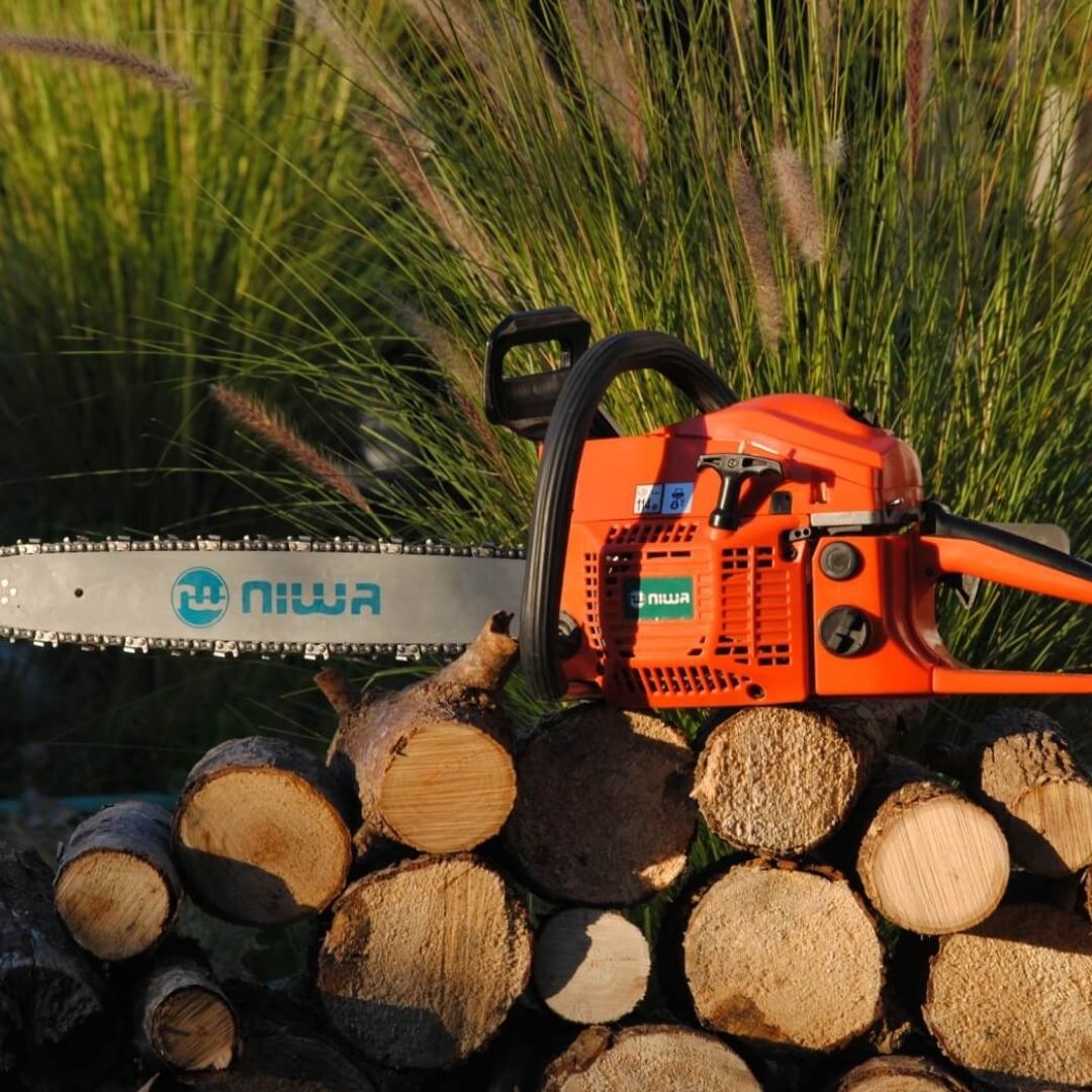 Close up of person using chainsaw to cut tree branch.