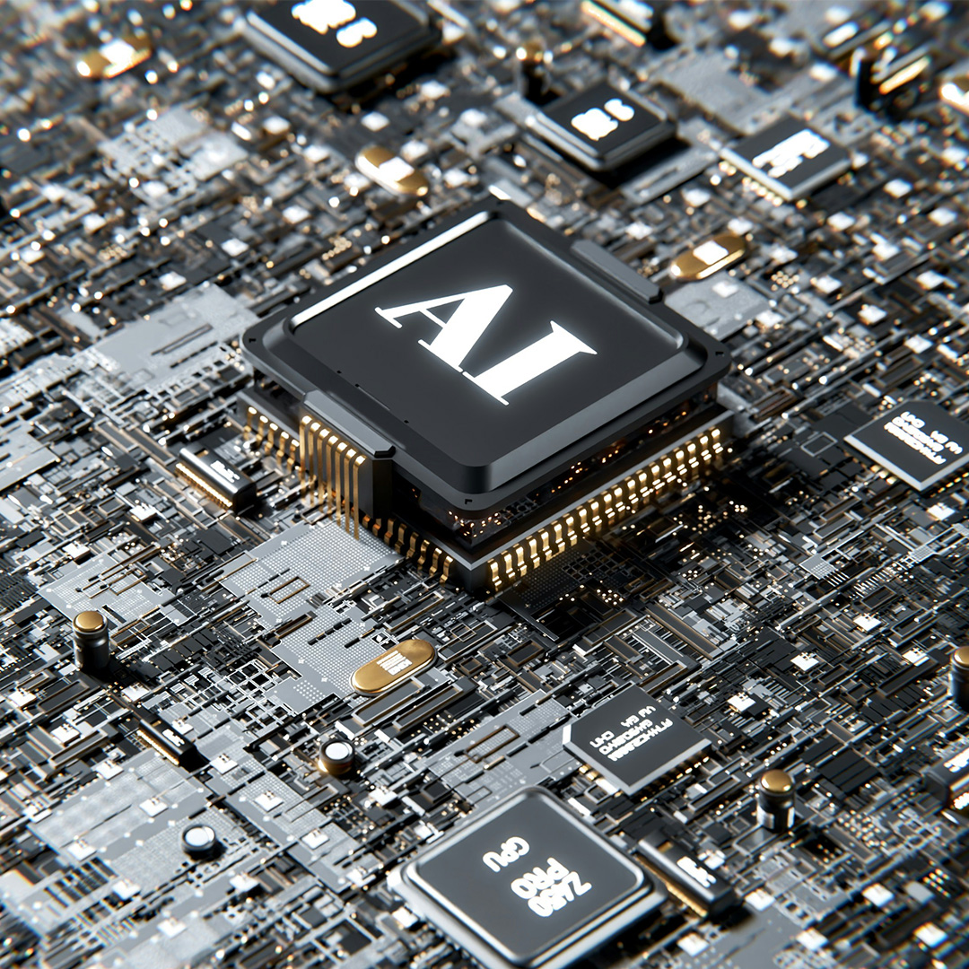Close up of computer chip with AI written on