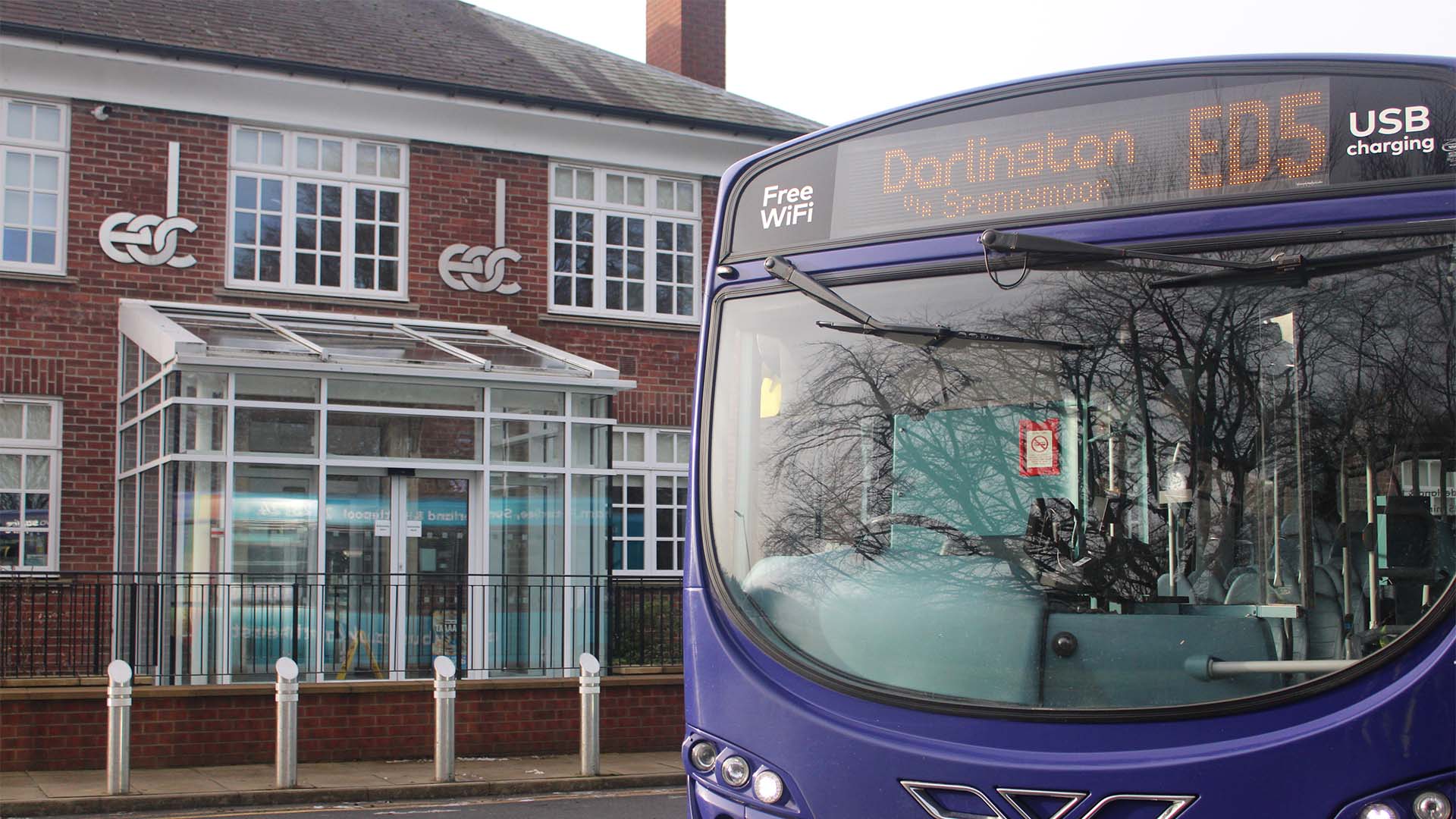 The front of an Arriva Bus outside the Houghall campus main building