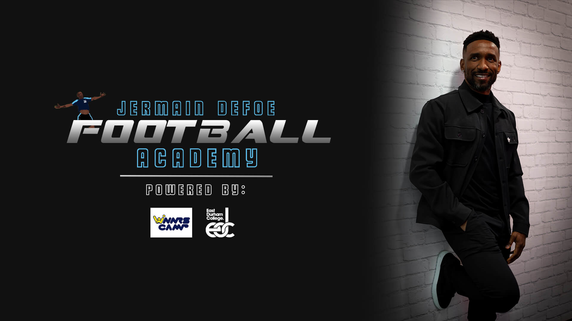 Jermain Defoe Standing against Brick Wall and Jermain Defoe Academy Logo