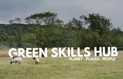 Field with sheep and wording: Green skills hub. Planet, places, people