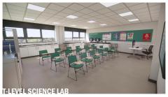 Render of science classroom with green chairs