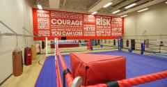 East Durham College boxing gym with closeup of turnbuckle at edge of the ring