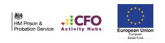 HM Prison and Probation service logo, CFO Activity Hub logo and European Union Social Fund logo