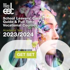 The image of the front cover of the East Durham College Prospectus 2023/2024 which includes the close up image of a female model, the EDC logo and the words: School Leavers' Career Guide & Full Time Vocational Courses, Academic Year 2023/2024 Peterlee Campus and The Technical Academy. And a graphic that says GET SET GO