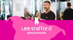 A photo of Lee Stafford holding some tongs in a salon, with the Lee Stafford Education logo, which is pink and features the outline of a Staffordshire bull terrier dog under the photo