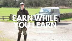 Farmer standing in front of truck with text "EARN WHILE YOU LEARN"